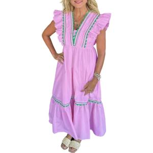 image:imageCHARTOU Women Flutter Sleeve Ruffle Tiered Midi Dress Summer RIC Rac Empire Waist Flowy Beach Long DressPink