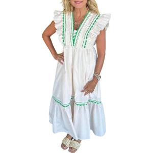 image:imageCHARTOU Women Flutter Sleeve Ruffle Tiered Midi Dress Summer RIC Rac Empire Waist Flowy Beach Long DressWhite