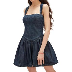 image:imageCHARTOU Women Halter Backless Short Denim Dress Sleeveless Pleated Lace Up Corset Drop Waist Jean DressDark Blue