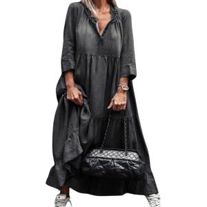 image:imageCHARTOU Women Long Denim Dress Summer Jean Dress Sundress Casual Flowy Ruffle Maxi Dress with SleevesBlack