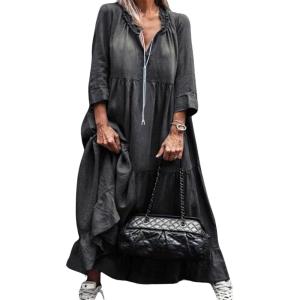 image:imageCHARTOU Women Long Denim Dress Summer Jean Dress Sundress Casual Flowy Ruffle Maxi Dress with SleevesBlack String
