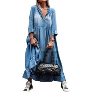image:imageCHARTOU Women Long Denim Dress Summer Jean Dress Sundress Casual Flowy Ruffle Maxi Dress with SleevesBlue