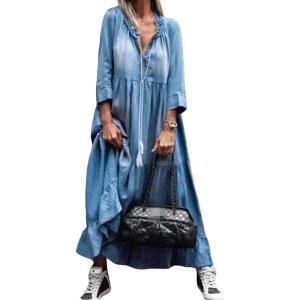 image:imageCHARTOU Women Long Denim Dress Summer Jean Dress Sundress Casual Flowy Ruffle Maxi Dress with SleevesBlue String