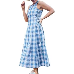 image:imageCHARTOU Women Plaid Long Dress Summer Elegant Lace Up Side Ruche Color Block Gingham Flowy DressBlue