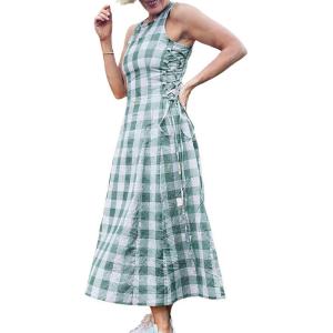 image:imageCHARTOU Women Plaid Long Dress Summer Elegant Lace Up Side Ruche Color Block Gingham Flowy DressGreen