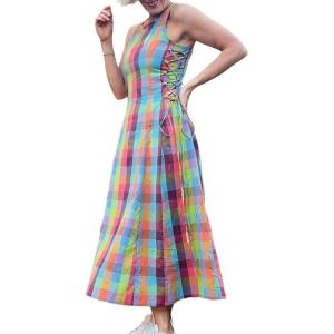 image:imageCHARTOU Women Plaid Long Dress Summer Elegant Lace Up Side Ruche Color Block Gingham Flowy DressMulticolour