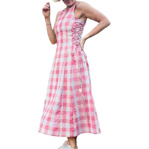 image:imageCHARTOU Women Plaid Long Dress Summer Elegant Lace Up Side Ruche Color Block Gingham Flowy DressPink