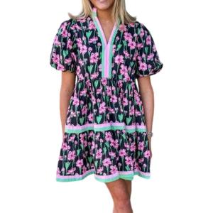 image:imageCHARTOU Women Puff Sleeve Striped Trim Floral Print Tiered Cute Babydoll Mini Dress with PocketsBlack