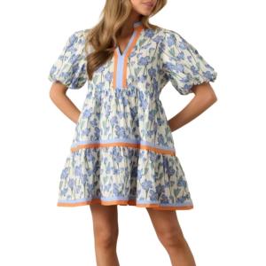 image:imageCHARTOU Women Puff Sleeve Striped Trim Floral Print Tiered Cute Babydoll Mini Dress with PocketsBlue