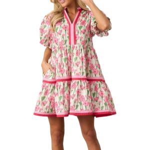 image:imageCHARTOU Women Puff Sleeve Striped Trim Floral Print Tiered Cute Babydoll Mini Dress with PocketsPink
