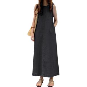 image:imageCHARTOU Women Sleeveless Denim Maxi Dress Long Summer Jean Dress Tunic Tank Dress with PocketsBlack
