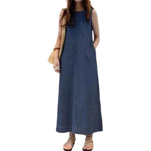 image:imageCHARTOU Women Sleeveless Denim Maxi Dress Long Summer Jean Dress Tunic Tank Dress with PocketsDark Blue