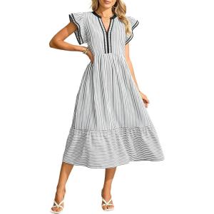 image:imageCHARTOU Women Striped Maxi Dress Summer Vacation V Neck Flutter Sleeve High Waisted A Line Dress with PocketsBlack