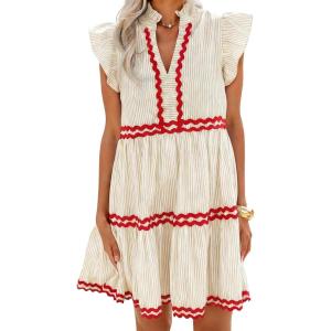 image:imageCHARTOU Women Striped Tiered Midi Dress Summer Flutter Sleeve High Waist A Line Ruffle Vacation Dress with PocketsApricot