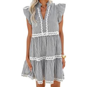 image:imageCHARTOU Women Striped Tiered Midi Dress Summer Flutter Sleeve High Waist A Line Ruffle Vacation Dress with PocketsBlack