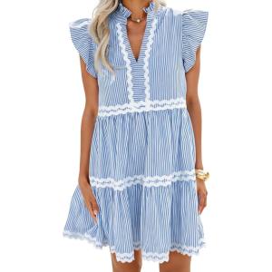 image:imageCHARTOU Women Striped Tiered Midi Dress Summer Flutter Sleeve High Waist A Line Ruffle Vacation Dress with PocketsBlue