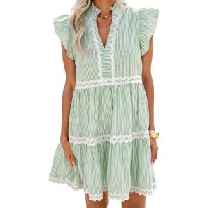image:imageCHARTOU Women Striped Tiered Midi Dress Summer Flutter Sleeve High Waist A Line Ruffle Vacation Dress with PocketsGreen