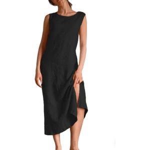 image:imageCHARTOU Women Summer Casual Cotton Linen Dress Sleeveless Loose Tank Sundress Beach Vacation Outfits with BeltBlack