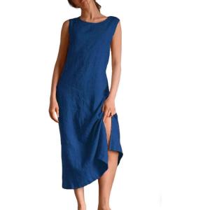 image:imageCHARTOU Women Summer Casual Cotton Linen Dress Sleeveless Loose Tank Sundress Beach Vacation Outfits with BeltBlue