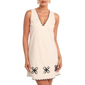 image:imageCHARTOU Women Summer Casual Mini Dress Shift Sleeveless V Neck A Line Embroidered Trim Short DressKhaki