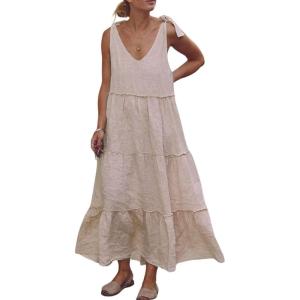 image:imageCHARTOU Women Summer Cotton Linen Dress Tie Shoulder Tiered Ruffle Long Beach Vacation DressApricot