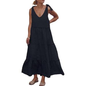 image:imageCHARTOU Women Summer Cotton Linen Dress Tie Shoulder Tiered Ruffle Long Beach Vacation DressBlack