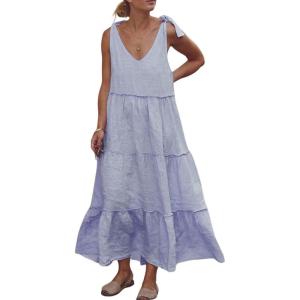 image:imageCHARTOU Women Summer Cotton Linen Dress Tie Shoulder Tiered Ruffle Long Beach Vacation DressBlue