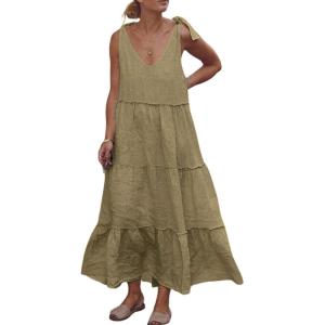 image:imageCHARTOU Women Summer Cotton Linen Dress Tie Shoulder Tiered Ruffle Long Beach Vacation DressGreen