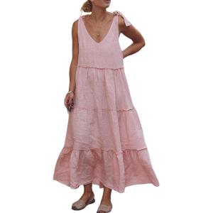 image:imageCHARTOU Women Summer Cotton Linen Dress Tie Shoulder Tiered Ruffle Long Beach Vacation DressPink