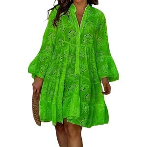 image:imageCHARTOU Women Summer Eyelet Dress Cotton V Neck Embroidery Dress Short Boho Dress Lace Flowy Swing DressGreen