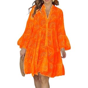 image:imageCHARTOU Women Summer Eyelet Dress Cotton V Neck Embroidery Dress Short Boho Dress Lace Flowy Swing DressOrange