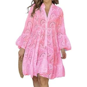 image:imageCHARTOU Women Summer Eyelet Dress Cotton V Neck Embroidery Dress Short Boho Dress Lace Flowy Swing DressPink