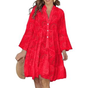 image:imageCHARTOU Women Summer Eyelet Dress Cotton V Neck Embroidery Dress Short Boho Dress Lace Flowy Swing DressRed