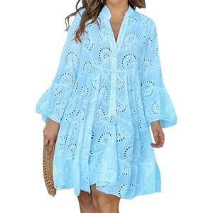 image:imageCHARTOU Women Summer Eyelet Dress Cotton V Neck Embroidery Dress Short Boho Dress Lace Flowy Swing DressSky Blue