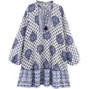 image:imageCHARTOU Women Summer Floral Tie Front Short Dress Lantern 34 Sleeve Frill Boho Flowy Vacation DressBlue