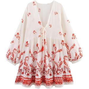 image:imageCHARTOU Women Summer Floral Tie Front Short Dress Lantern 34 Sleeve Frill Boho Flowy Vacation DressRed