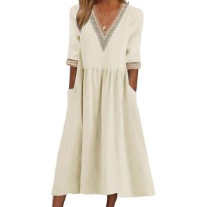 image:imageCHARTOU Women Summer Flowy Linen Dress Half Sleeve V Neck Lace Crochet Long Dress with PocketsApricot