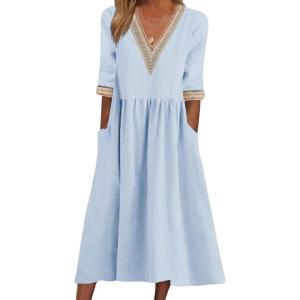 image:imageCHARTOU Women Summer Flowy Linen Dress Half Sleeve V Neck Lace Crochet Long Dress with PocketsBlue