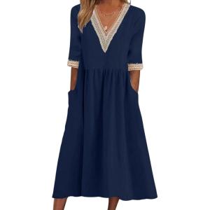 image:imageCHARTOU Women Summer Flowy Linen Dress Half Sleeve V Neck Lace Crochet Long Dress with PocketsNavy