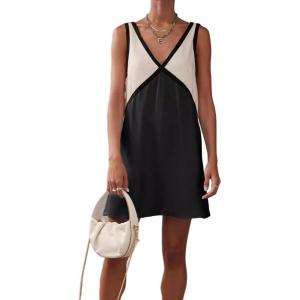 image:imageCHARTOU Women Summer Loose V Neck Sleeveless Contrast Color Short Patchwork Shift Tank DressBlack