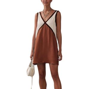 image:imageCHARTOU Women Summer Loose V Neck Sleeveless Contrast Color Short Patchwork Shift Tank DressBrown