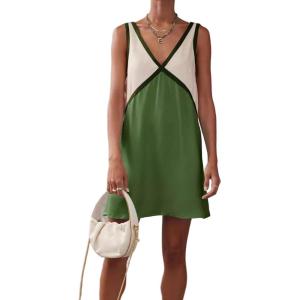 image:imageCHARTOU Women Summer Loose V Neck Sleeveless Contrast Color Short Patchwork Shift Tank DressGreen