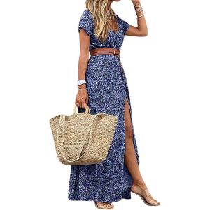 image:imageCHARTOU Women Summer Short Sleeve Boho Maxi Dress Flowy Long Summer Dress Floral V Neck Dress Hippie Beach SundressBlue