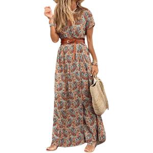 image:imageCHARTOU Women Summer Short Sleeve Boho Maxi Dress Flowy Long Summer Dress Floral V Neck Dress Hippie Beach SundressBrown