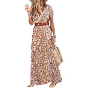 image:imageCHARTOU Women Summer Short Sleeve Boho Maxi Dress Flowy Long Summer Dress Floral V Neck Dress Hippie Beach SundressFloral Red