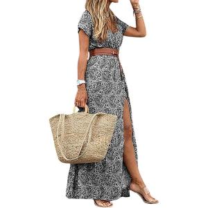 image:imageCHARTOU Women Summer Short Sleeve Boho Maxi Dress Flowy Long Summer Dress Floral V Neck Dress Hippie Beach SundressGrey