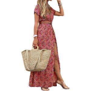 image:imageCHARTOU Women Summer Short Sleeve Boho Maxi Dress Flowy Long Summer Dress Floral V Neck Dress Hippie Beach SundressRed