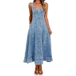 image:imageCHARTOU Women Summer Sleeveless Patchwork Denim Maxi Dress Adjustable Strap Back Zipper Jean DressBlue