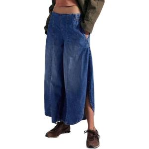 image:imageCHARTOU Women Summer Y2k Tulip Wide Leg Jeans Baggy Cropped Lightweight Denim Palazzo Pants with PocketsDark Blue