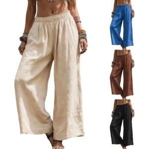 image:imageCHARTOU Womens Baggy Wide Leg Palazzo Pants Elastic High Waist Summer Beach Vacation Cotton Linen TrousersApricot